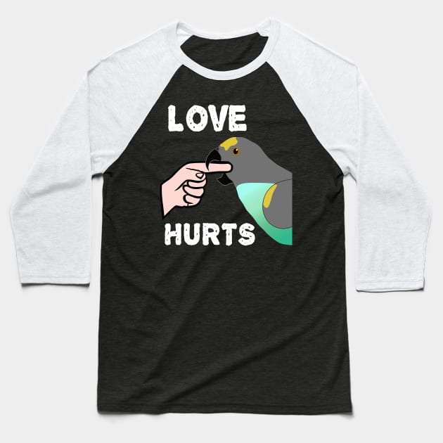 Love Hurts Meyers Parrot Baseball T-Shirt by Einstein Parrot